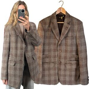 Vintage Oversized Brown Plaid Checkered Wool Blend Raw Hem Blazer Jacket